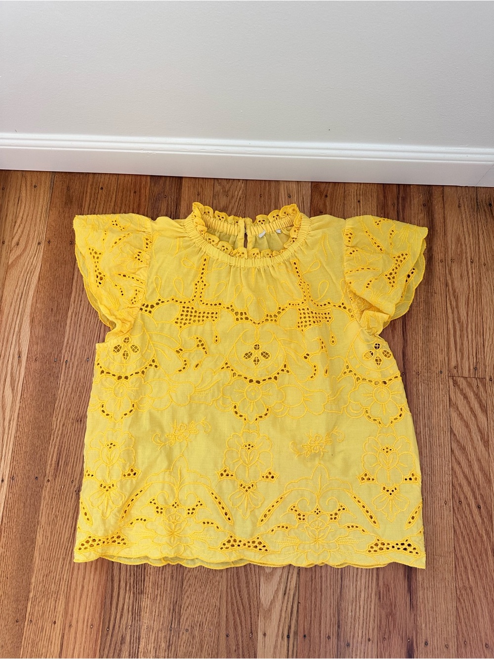 Yellow Eyelet Flutter-Sleeve Cotton Crop Top